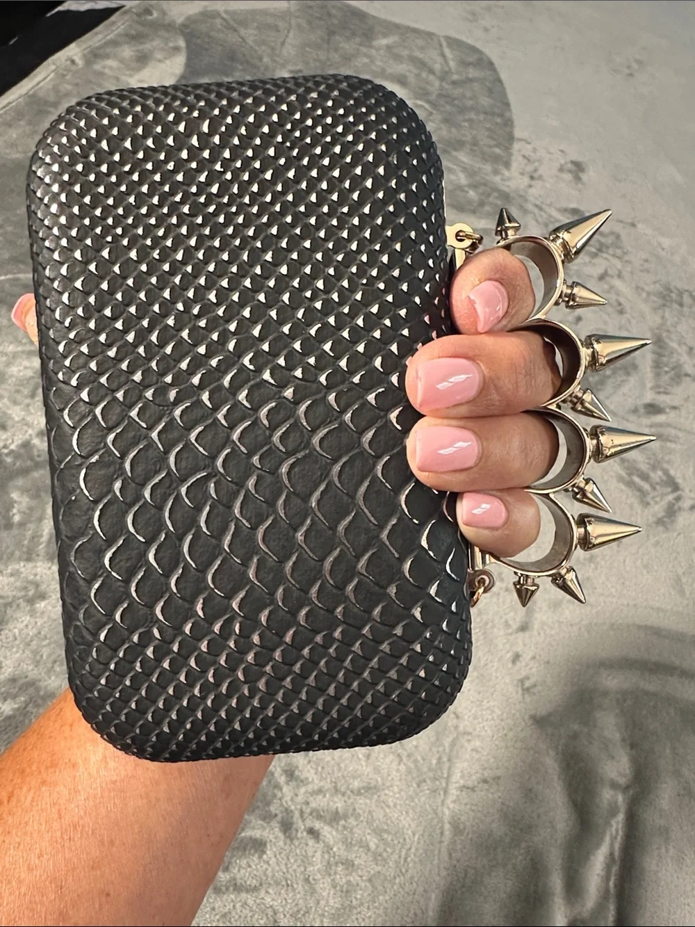 EUC Just Fabulous Studded Knuckle-Handle Black Clutch Bag w/Gold Chain